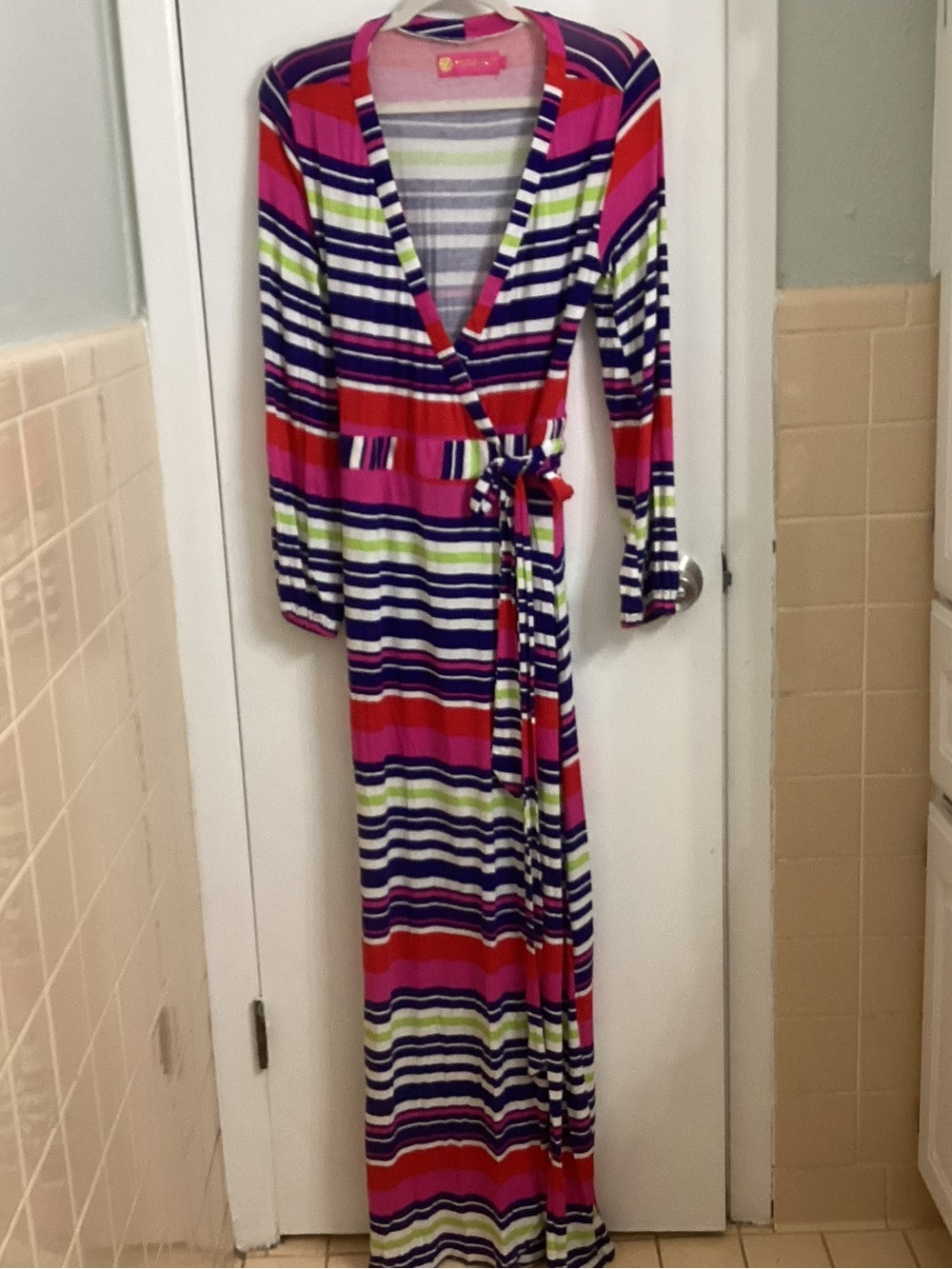 Macbeth Collection Striped Wrap Maxi Dress in Pink, Navy and Lime